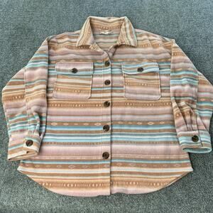 Pink Rose Fleece Shirt Women’s XL Aztec Geometric Pattern Button Up Brown Blue